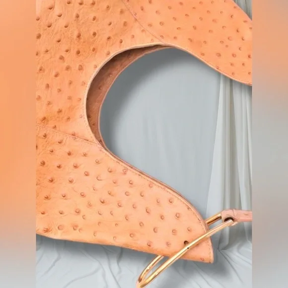 Furla Ostrich Embossed Leather Large Hobo Shoulder Bag Tan Italy - Picture 5 of 9